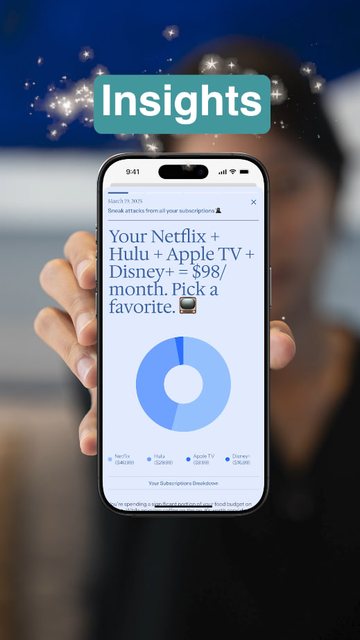 Video frame: a hand holding up a phone showing a subscriptions breakdown, labelled Insights